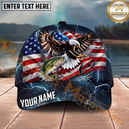 Maxcorners Fishing Patriotic Eagle Storm Personalized Name 3D Cap (12 Fish Species)
