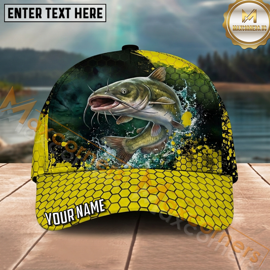 Maxcorners Fishing Yellow Honeycomb Splash Personalized Name 3D Cap (12 Fish Species)