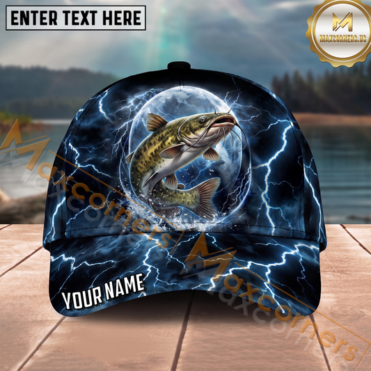 Maxcorners Fishing Thunder Moon Lightning Personalized Name 3D Cap (12 Fish Species)