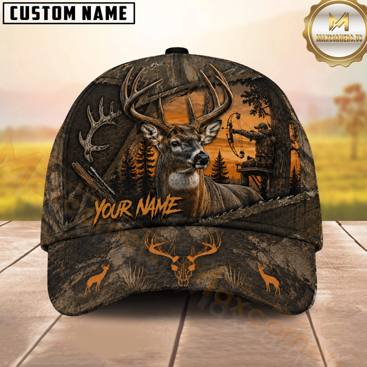 Maxcorners Deer Bow Hunting Vintage Orange Camo Multiple Options Personalized Name 3D Cap
