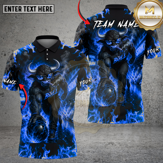 Maxcorners Bowling Polo Shirt Flaming Bull Bowler Art Multicolor Options Personalized Name, Team Name 3D Shirt (4 Colors)