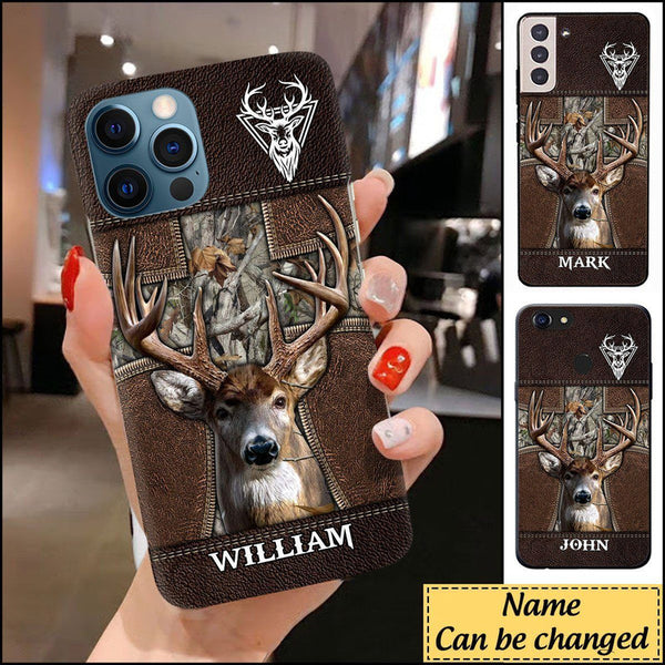 Maxcorners Deer Hunting leather Cross Personalized Name Phone Case