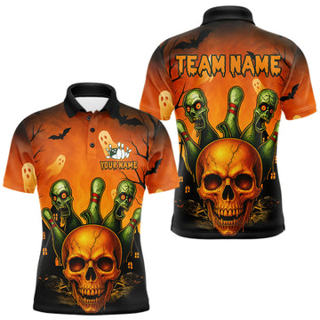 Maxcorners Custom Funny Skull and Zombie Pins Bowling Team Shirt for Men Bowling Jersey Bowling Halloween Outfit LM2607