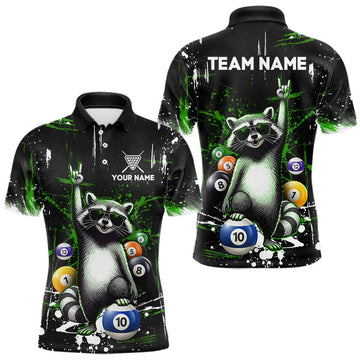 Maxcorners Custom Green Funny Raccoon Billiard Shirt for Men 10 Ball Pool Billiard Jersey Polo & 1/4-Zip