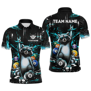 Maxcorners Custom Turquoise Funny Raccoon Billiard Shirt for Men 8 Ball Pool Billiard Jersey Polo & 1/4-Zip LM0503