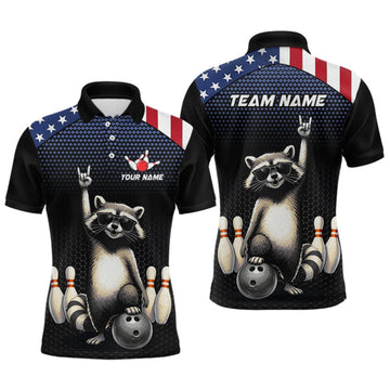 Maxcorners Custom American Flag Bowling Shirt Funny Raccoon Bowling League Jersey for Men Polo & 1/4-Zip LM1508
