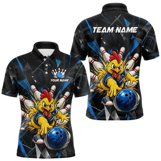 Maxcorners Custom Blue Funny Chicken Bowling Team Shirt for Men Break Glass Bowling Jersey