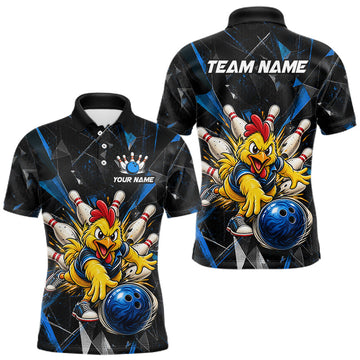Maxcorners Custom Blue Funny Chicken Bowling Team Shirt for Men Break Glass Bowling Jersey