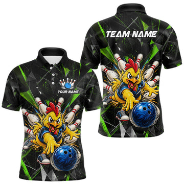 Maxcorners Custom Green Funny Chicken Bowling Team Shirt for Men Break Glass Bowling Jersey