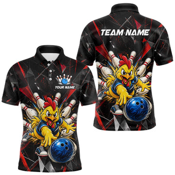 Maxcorners Custom Red Funny Chicken Bowling Team Shirt for Men Break Glass Bowling Jersey