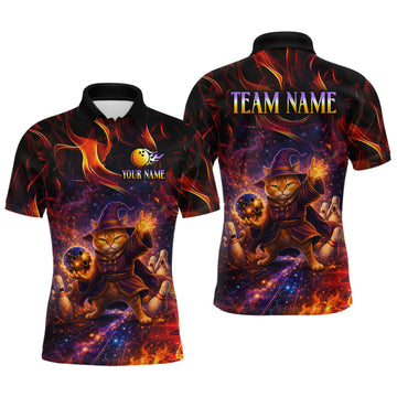 Maxcorners Custom Funny Cat Wizard Bowling Shirts for Men Flame Bowling Jersey for Team Bowling Outfit