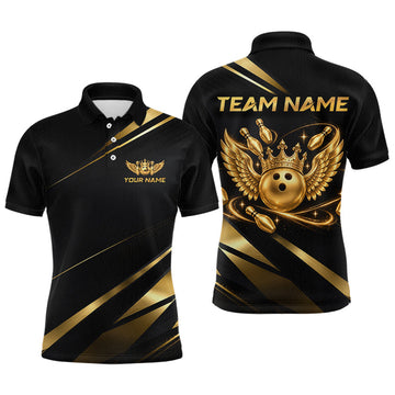 Maxcorners Custom Black & Gold Bowling Shirt for Men Wings Crown Bowling League Jersey