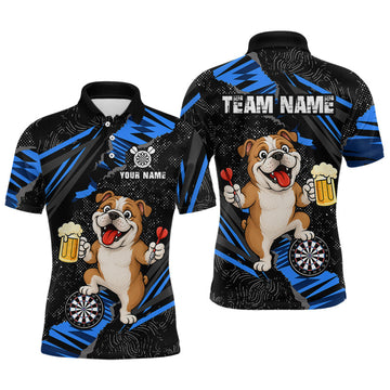 Maxcorners Custom Blue Funny Bulldog Dart Team Shirt for Men Dart League Jersey Polo & 1/4-Zip