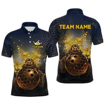 Maxcorners Custom Black & Gold Funny Bee Bowling Shirt for Men Bowling League Jersey Polo & 1/4-Zip