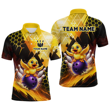 Maxcorners Custom Funny Duck Bowling Team Shirt for Men Yellow Bowling League Jersey Polo & 1/4 Bowling Outfit LM2603