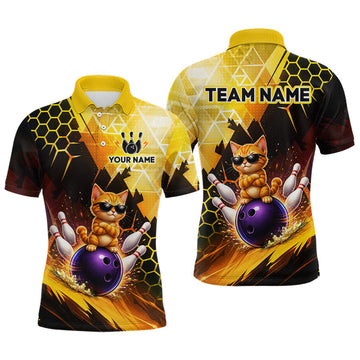 Maxcorners Custom Funny Cat Bowling Team Shirt for Men Bowling Jersey League Polo & Quarter Zip