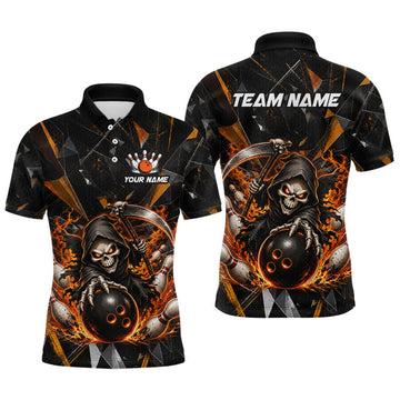 Maxcorners Custom Orange Grim Reaper Bowling Team Shirts for Men Bowling League Jerey Polo & 1/4-Zip