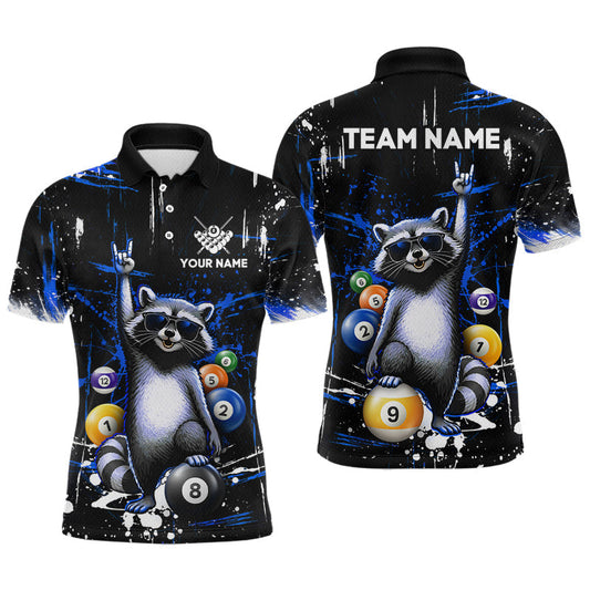 Maxcorners Custom Blue Funny Raccoon Billiard Shirt for Men 8 Ball & 9 Ball Pool Billiard Jersey Polo & 1/4-Zip