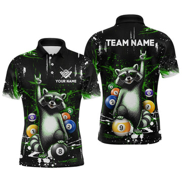 Maxcorners Custom Green Funny Raccoon Billiard Shirt for Men 8 Ball & 9 Ball Pool Billiard Jersey Polo & 1/4-Zip
