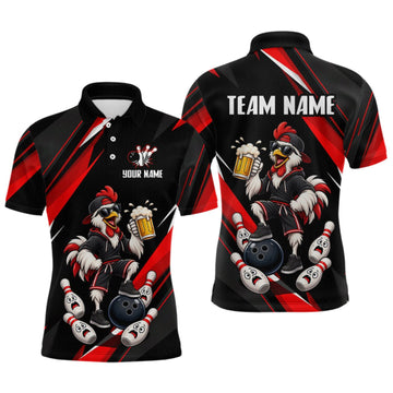 Maxcorners Black & Red Funny Chicken Bowling Jersey Custom Bowling Shirt for Men Polo & 1/4 Zip LM0409