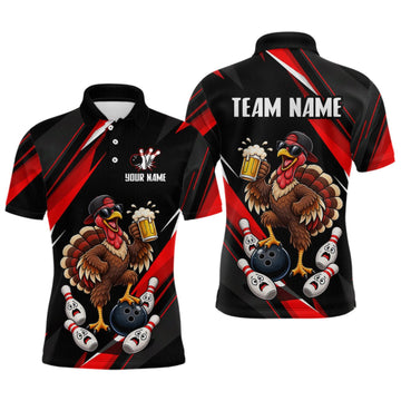 Maxcorners Black & Red Funny Turkey Bowling Jersey Custom Bowling Shirt for Men Polo & 1/4 Zip LM0409
