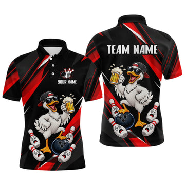 Maxcorners Black & Red Funny Duck Bowling Jersey Custom Bowling Shirt for Men Polo & 1/4 Zip LM0409