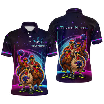 Maxcorners Neon Funny Team of Four Turkey Bowling Shirt Custom Bowling Jersey for Men Polo & 1/4 Zip LM0409