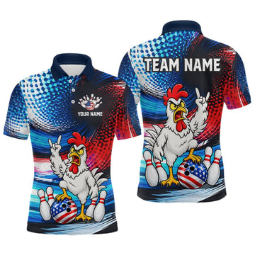 Maxcorners Custom American Flag Funny Chicken Bowling Shirts for Men Bowling Jersey LM0410