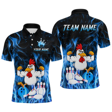 Maxcorners Custom Funny Blue Flames Chicken Bowling Shirt for Men Bowling Jersey Polo & 1/4-Zip LM0409