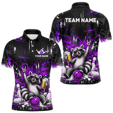 Maxcorners Custom Purple Funny Raccoon with Beer Bowling Shirts for Men Bowling Jersey LM0410