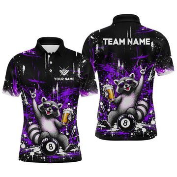 Maxcorners Custom Funny Raccoon Billiard Shirt for Men Purple 8 Ball Pool Jersey with Beer Polo & Quarter-Zip