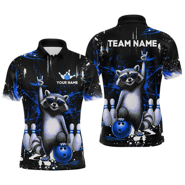 Maxcorners Custom Blue Funny Raccoon Bowling Shirt for Men Bowling Jersey Polo & 1/4-Zip Bowling Outfit LM0404