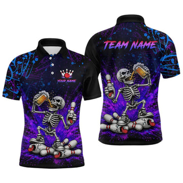 Maxcorners Custom Funny Skeleton and Beer Bowling Shirt for Men Bowling Team Jersey Polo & Quarter-Zip LM0409