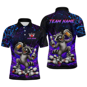 Maxcorners Custom Funny Raccoon and Beer Bowling Shirt for Men Bowling Team Jersey Polo & Quarter-Zip LM0409