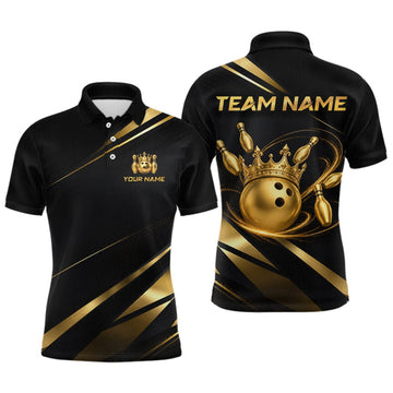 Maxcorners Custom Black and Gold Crown Bowling Shirt Bowling Jersey for Men LM0409