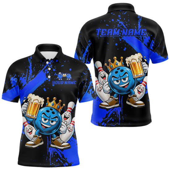 Maxcorners Custom Blue Funny Beer Bowling Shirts for Men Crown Bowling Team Jersey Bowling Outfit