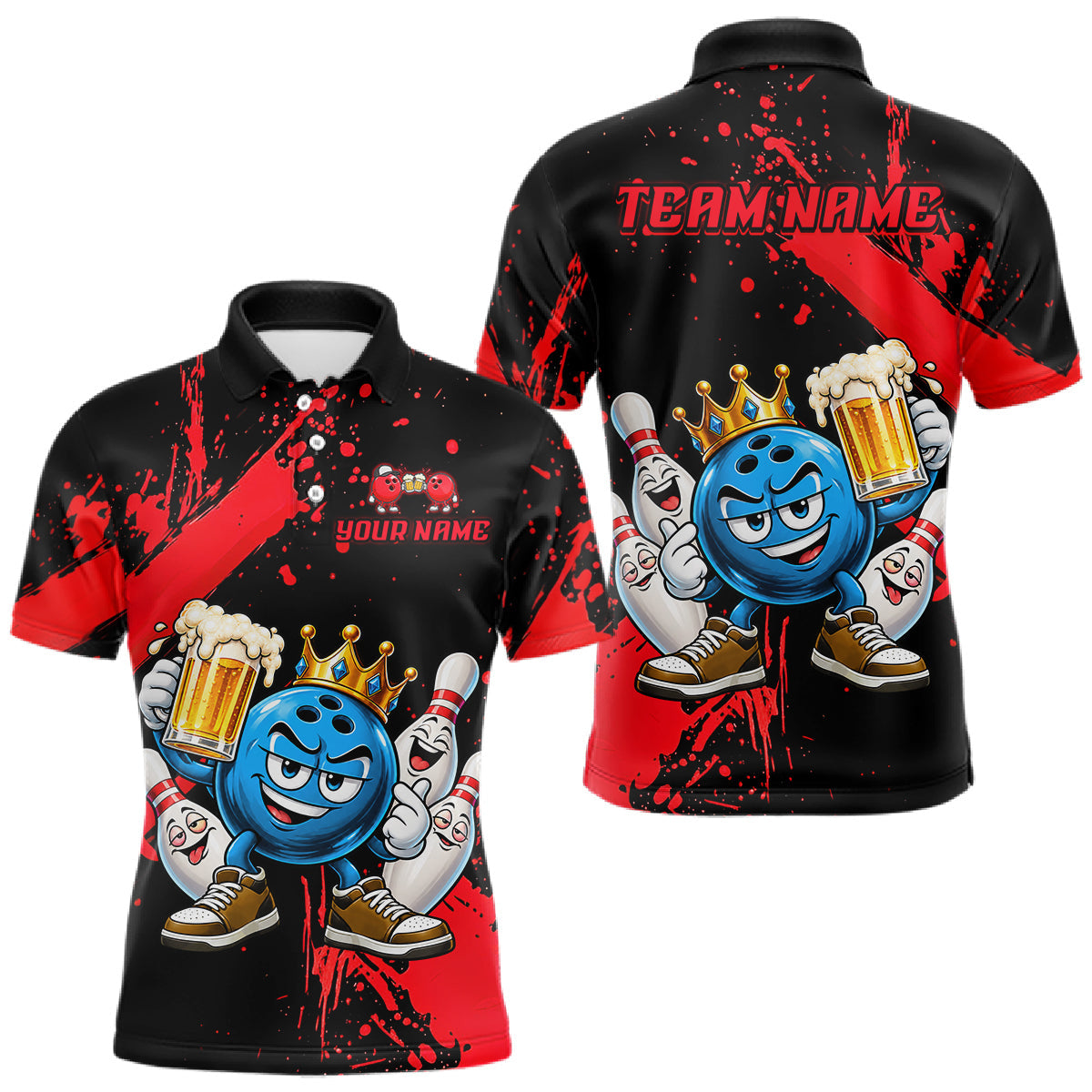 Maxcorners Custom Red Funny Beer Bowling Shirts for Men Crown Bowling Team Jersey Bowling Outfit