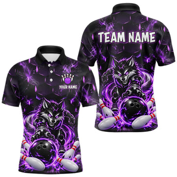 Maxcorners Wolf Bowling Shirt for Men Custom Purple Bowling Team Jersey Polo & 1/4-Zip