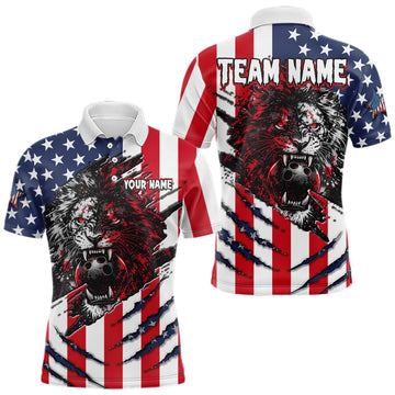 Maxcorners Custom American Flag Lion Bowling Shirt for Men Bowling Team Jersey Polo & Quarter-Zip Uniform
