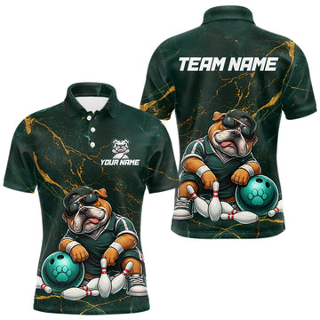 Maxcorners Custom Funny Bulldog Bowling Shirt Emerald & Antique Gold Bowling Jersey for Men Polo & 1/4-Zip