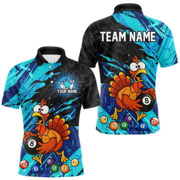 Maxcorners Custom Funny Cyan Turkey 8 Ball Billiard Shirt for Men Pool Team Jersey Polo & Quarter-Zip Pool Outfit LM1307