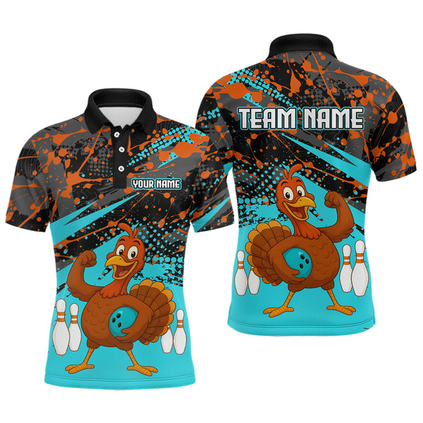 Maxcorners Turquoise Funny Turkey Bowling Team Shirt for Men Bowling Jersey Thanksgiving Bowling Outfit TU1609