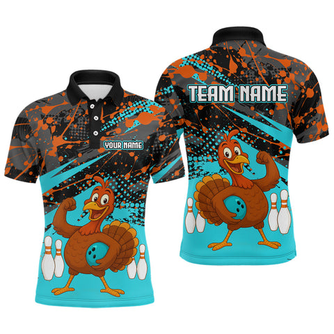 Maxcorners Turquoise Funny Turkey Bowling Team Shirt for Men Bowling Jersey Thanksgiving Bowling Outfit TU1609