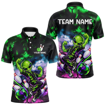 Maxcorners Custom Green & Pink Alien Bowling Shirt for Men Smoke Funny Bowling Team Jersey LM1910