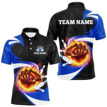 Maxcorners Personalized Blue Flame Demon Hand Bowling Shirt for Men Bowling Outfit Polo & Quarter-Zip Bowling Jersey