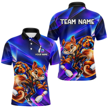 Maxcorners Funny Squirrel Bowling Shirt for Men Custom Neon Blue Bowling Jersey Polo & 1/4-Zip LM1910