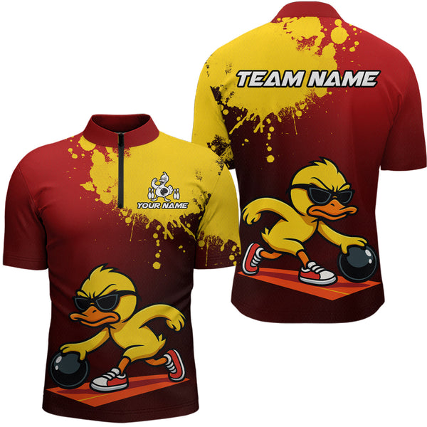 Maxcorners Custom Funny Duck Bowling Shirt for Men Red & Yellow Bowling Jersey Polo & 1/4 Zip LM1610