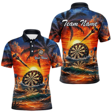 Maxcorners Custom Dart Team Shirts for Men Polo & 1/4 Zip Dart Jersey Sunset Tropical Design Dartboard Shirt LM1903