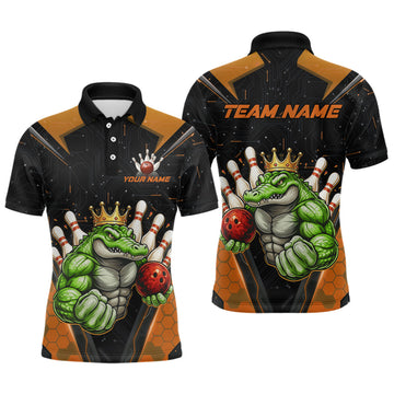 Maxcorners Custom Funny Orange Crocodile Bowling Shirt Alligator Bowling Jersey for Men Polo & 1/4 Zip