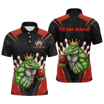 Maxcorners Custom Funny Red Crocodile Bowling Shirt Alligator Bowling Jersey for Men Polo & 1/4 Zip